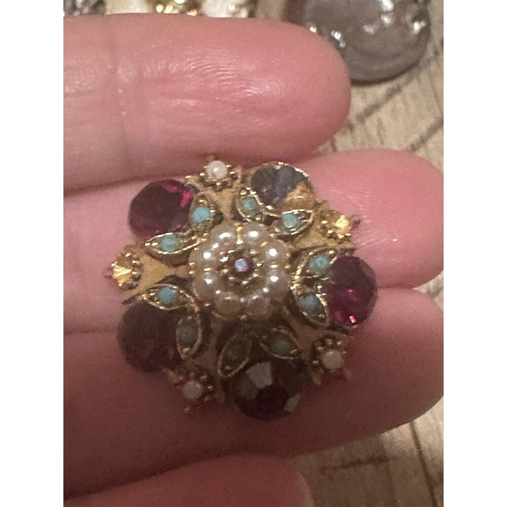 VTG Signed Florenza Brooch Ruby Rhinestones Simulated Pearls Faux Turquoise RARE - Picture 2 of 4